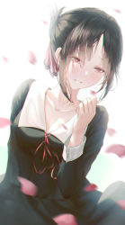 1girl backlighting black_dress black_hair blurry blurry_foreground blush breasts cleavage collarbone collared_dress commentary_request cowboy_shot depth_of_field dress folded_ponytail hair_ribbon half-closed_eyes hand_up highres kaguya-sama_wa_kokurasetai_~tensai-tachi_no_renai_zunousen~ long_sleeves medium_breasts moda_(mo_da_3) parted_bangs parted_lips petals red_eyes red_ribbon ribbon school_uniform shinomiya_kaguya shuuchiin_academy_school_uniform sidelocks smile solo teeth upper_body white_background