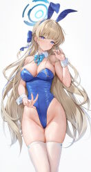 Rule 34 | 1girl, absurdres, animal ears, bare arms, bare shoulders, blonde hair, blue archive, blue bow, blue bowtie, blue eyes, blue hair, blue halo, blush, bow, bowtie, breasts, cleavage, commentary request, detached collar, fake animal ears, halo, hand up, highleg, highleg leotard, highres, houkisei, large breasts, leotard, long hair, multicolored hair, official alternate costume, parted lips, playboy bunny, rabbit ears, simple background, solo, streaked hair, thighhighs, thighs, toki (blue archive), toki (bunny) (blue archive), v, white background, white thighhighs, wrist cuffs