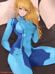 Rule 34 | 1girl, bed, blue bodysuit, blue eyes, bodysuit, breasts, covered navel, from above, hair between eyes, hand on own hip, hand on own chest, high ponytail, highres, kisou (kisou00), large breasts, long hair, looking at viewer, lying, metroid, mole, mole under mouth, nintendo, on back, pillow, samus aran, sidelocks, skin tight, smile, swept bangs, thick thighs, thighs, zero suit