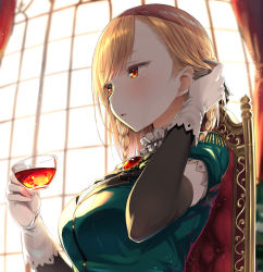 Rule 34 | 1girl, adjusting hair, black gloves, blonde hair, blouse, blush, braid, breasts, buttons, chair, cup, day, elbow gloves, epaulettes, glass, gloves, greatmosu, green shirt, hayami saori, highres, large breasts, looking to the side, orange eyes, original, parted lips, shirt, short hair, short sleeves, side braid, sitting, solo, tea, teacup, upper body, white gloves, window
