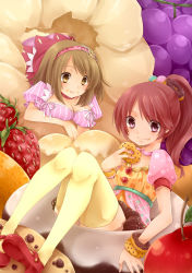 Rule 34 | 10s, 2girls, absurdres, bracelet, breasts, choker, cleavage, food, food on face, food-themed clothes, food-themed hair ornament, fruit, grapes, hair ornament, hairband, highres, idolmaster, idolmaster cinderella girls, in food, jewelry, mary janes, mimura kanako, multiple girls, oversized object, polka dot, ponytail, puffy short sleeves, puffy sleeves, shiina noriko, shoes, short sleeves, strawberry, takamiya ren, thighhighs, yellow legwear
