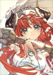 Rule 34 | 1girl, black horns, blue eyes, blue nails, blush, breasts, closed mouth, detached sleeves, genshin impact, harem outfit, horns, long hair, looking at viewer, medium breasts, nail polish, nilou (genshin impact), red hair, sacanahen, signature, solo, upper body, veil, white veil