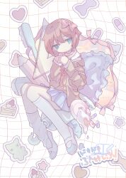 Rule 34 | 1girl, absurdres, blue eyes, blue skirt, bow, brown hair, collared shirt, copyright name, doki doki literature club, eraser, floating, full body, green sweater, gudon udon, hair bow, hands up, highres, jacket, kneehighs, looking at viewer, neck ribbon, open clothes, open jacket, pastel colors, pencil, pillow, pink bow, pleated skirt, ribbon, ruler, sad, sayori (doki doki literature club), shaded face, shirt, shoes, short hair, sidelocks, skirt, socks, solo, sweater, toothbrush, uwabaki, white shirt