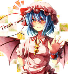 Rule 34 | 1girl, bad id, bad pixiv id, bat wings, blue hair, brooch, english text, female focus, hand on own hip, hat, highres, jewelry, kuga huna, open mouth, red eyes, remilia scarlet, short hair, smile, solo, touhou, upper body, wings, wrist cuffs