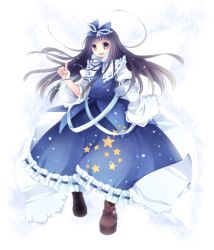 Rule 34 | 1girl, :d, bad id, bad pixiv id, black hair, bow, brown eyes, embellished costume, female focus, frills, hair bow, highres, light particles, long hair, mikazuki sara, open mouth, pointing, smile, solo, star (symbol), star sapphire, touhou