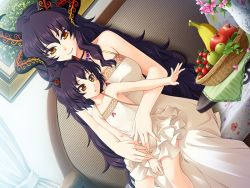 Rule 34 | 2girls, age difference, apple, banana, bare shoulders, basket, benimura karu, breasts, bunny black, dress, flat chest, flower, food, fruit, game cg, large breasts, long hair, mother and daughter, multiple girls, purple hair, short hair, sitting, sitting on person, smile, vase, yellow eyes