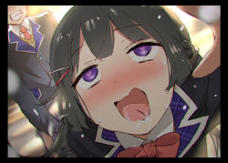 Rule 34 | 1boy, 1girl, ahegao, bent over, black hair, blue eyes, blunt bangs, blush, bow, bowtie, classroom, clothed sex, collared shirt, doggystyle, hair ornament, hairclip, half-closed eyes, happy sex, heart, heart-shaped pupils, long sleeves, looking at viewer, necktie, nijisanji, open mouth, red bow, rolling eyes, saliva, school uniform, sex, sex from behind, shirt, skirt, smile, sweatdrop, symbol-shaped pupils, tongue, tongue out, tsukino mito, tsukino mito (1st costume), tsuyudakunanoda, virtual youtuber