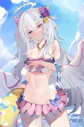 Rule 34 | 1girl, absurdres, azusa (blue archive), azusa (swimsuit) (blue archive), bare shoulders, bikini, blue archive, blue sky, bow, breasts, cleavage, cloud, cloudy sky, collarbone, commentary request, feathered wings, flower, frilled bikini, frills, hair between eyes, hair bow, hair flower, hair ornament, hair ribbon, halo, highres, holding, innertube, jewelry, long hair, looking at viewer, navel, necklace, ocean, pleated skirt, purple eyes, ribbon, sencho (whtv8535), sidelocks, skirt, sky, solo, stomach, sunlight, swim ring, swimsuit, twintails, wet, white hair, wings