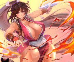 Rule 34 | 1girl, absurdres, arm guards, bare shoulders, blush, breasts, brown eyes, brown hair, cleavage, duralu500, fatal fury, folded fan, folding fan, hand fan, high ponytail, highres, holding, holding fan, japanese clothes, large breasts, long hair, looking at viewer, ninja, pelvic curtain, ponytail, revealing clothes, rope, shiranui mai, sideboob, smile, snk, solo, the king of fighters, thighs