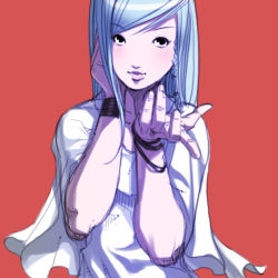 Rule 34 | 1girl, bangle, blue hair, bracelet, braid, casual, falcoon, jewelry, kula diamond, lips, long hair, official art, pointing, pointing at viewer, red background, side braid, single braid, solo, the king of fighters, upper body