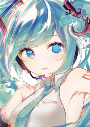 Rule 34 | 1girl, absurdres, aqua hair, arm tattoo, blue eyes, blurry, drawing kanon, glitch, grey background, hatsune miku, headset, highres, long hair, looking at viewer, open mouth, simple background, solo, tattoo, twintails, vocaloid