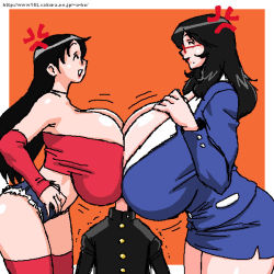 Rule 34 | 1boy, 2girls, ^ ^, aliasing, anger vein, angry, arm warmers, artist request, asphyxiation, asymmetrical docking, bare shoulders, between breasts, black hair, blue skirt, border, breast press, breast smother, breast suppress, breasts, choker, closed eyes, competition, copyright request, cowboy shot, curvy, cutoffs, denim, denim shorts, detached sleeves, face to breasts, formal, gakuran, gigantic breasts, glasses, head between breasts, long hair, midriff, miniskirt, mole, mole under mouth, motion lines, multiple breast smother, multiple girls, no bra, office lady, open mouth, orange background, outside border, red-framed eyewear, red legwear, red sleeves, school uniform, short shorts, shorts, skirt, skirt suit, smile, smirk, smother, standing, strapless, suit, symmetrical docking, thighhighs, trembling, tube top, watermark, web address, white border