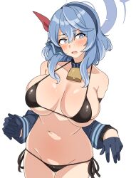 Rule 34 | 1girl, absurdres, ako (blue archive), bare shoulders, bell, bikini, black bikini, blue archive, blue eyes, blue gloves, blue hair, blush, breasts, cleavage, collar, collarbone, commentary request, cowbell, detached sleeves, gloves, hair between eyes, hair ribbon, hairband, half gloves, halo, highres, large breasts, long hair, looking at viewer, navel, open mouth, ribbon, seihekiog, solo, swimsuit