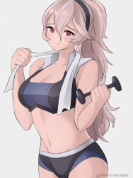 Rule 34 | 1girl, absurdres, bra, breasts, cleavage, closed mouth, corrin (female) (fire emblem), corrin (fire emblem), dumbbell, exercising, female focus, fire emblem, fire emblem fates, grey background, highres, long hair, medium breasts, navel, nintendo, panties, ponytail, red eyes, simple background, smile, solo, standing, tommy (kingdukeee), twitter username, underwear, weightlifting, weights, white hair