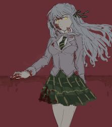Rule 34 | 1girl, bang dream!, bang dream! it&#039;s mygo!!!!!, blood, blood on clothes, blood on face, blood on hands, blue hair, closed mouth, collared shirt, commentary, cowboy shot, expressionless, green necktie, green ribbon, green skirt, grey jacket, hair ribbon, haneoka school uniform, highres, jacket, long hair, looking at viewer, necktie, odore (suzukisakana001), plaid, plaid skirt, pleated skirt, red background, ribbon, school uniform, shirt, simple background, skirt, solo, symbol-only commentary, togawa sakiko, white shirt, yellow eyes