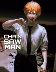 Rule 34 | 1boy, black necktie, black pants, black suit, blonde hair, blood, business suit, chainsaw man, clenched hand, denji (chainsaw man), formal, hair between eyes, highres, k041800, looking at viewer, messy hair, necktie, nosebleed, pants, pulling, sharp teeth, shirt, shirt tucked in, short hair, sleeves rolled up, solo, suit, teeth, tongue, tongue out, white shirt, yellow eyes