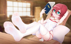 1girl blue_eyes book china_dress chinese_clothes dress feet glasses highres medium_hair mousou_oji original reading red_hair round_eyewear see-through_clothes see-through_legwear soles sweat thighhighs toes white_thighhighs