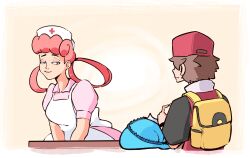 Rule 34 | 1boy, 1girl, apron, backpack, bag, brown hair, commentary, creatures (company), dress, english commentary, game freak, gen 1 pokemon, hair rings, half-closed eyes, hat, in-franchise crossover, index fingers together, jacket, joy (pokemon), nintendo, nurse, nurse cap, pink dress, pink hair, plow (witch parfait), pokemon, pokemon (anime), pokemon (classic anime), pokemon frlg, puffy short sleeves, puffy sleeves, raised eyebrows, red (pokemon), short sleeves, vaporeon, white apron