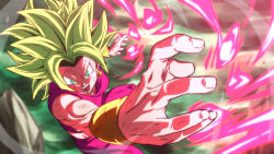 Rule 34 | 1girl, blue eyes, dragon ball, dragon ball super, earrings, energy, foreshortening, green hair, green sky, incoming attack, jewelry, kefla (dragon ball), looking at viewer, muscular, muscular female, open mouth, potara earrings, rom (20), solo, spiked hair, super saiyan