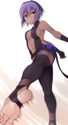 Rule 34 | 1girl, backless outfit, barefoot, batatata77, breasts, dark skin, dark-skinned female, fate/grand order, fate/prototype, fate/prototype: fragments of blue and silver, fate (series), feet, fingerless gloves, foot focus, gloves, hairband, hassan of serenity (fate), highres, kicking, midriff, navel, no shoes, purple eyes, purple hair, short hair, sideboob, simple background, soles, solo, toeless legwear, toenails, toes, white background