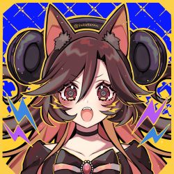 Rule 34 | 1girl, alternate costume, animal ear fluff, animal ears, black choker, black dress, blue background, blush, border, brooch, brown hair, choker, commentary, dress, fangs, headphones, headphones removed, imaizumi kagerou, jewelry, kyouda suzuka, lightning bolt symbol, long hair, looking at viewer, open mouth, red eyes, solo, symbol-shaped pupils, touhou, twitter username, upper body, wolf ears, yellow border