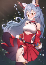Rule 34 | 1girl, animal ear fluff, animal ears, bare shoulders, black gloves, black thighhighs, blue hair, bow, breasts, brown eyes, commentary request, detached sleeves, dress, erune, eyebrows hidden by hair, ferry (granblue fantasy), ferry (santa minidress) (granblue fantasy), fur-trimmed sleeves, fur trim, gloves, granblue fantasy, hair bow, highres, juliet sleeves, long hair, long sleeves, open mouth, panties, pleated dress, puffy sleeves, red dress, red sleeves, sleeves past wrists, small breasts, solo, striped, striped bow, sweat, thighhighs, translation request, underwear, uneg, very long hair, wavy mouth, white panties