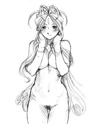 Rule 34 | aa megami-sama, absurdres, antenna hair, belldandy, blush, breasts, covering privates, covering breasts, facial mark, female pubic hair, forehead mark, greyscale, highres, kiryuu reia, long hair, looking at viewer, medium breasts, monochrome, ponytail, pubic hair, solo