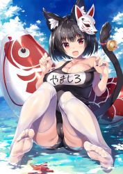 Rule 34 | 1girl, :d, animal ear fluff, animal ears, areola slip, azur lane, beach, bell, black hair, black one-piece swimsuit, blue sky, blush, breasts, cat ears, cat tail, cloud, cloudy sky, day, fang, feet, float, fox mask, hands up, jingle bell, large breasts, looking at viewer, mask, mask on head, name tag, no shoes, ocean, one-piece swimsuit, open mouth, oryo (oryo04), outdoors, red eyes, school swimsuit, shallow water, short hair, sitting, sky, smile, soles, solo, starfish, swimsuit, tail, tail bell, tail ornament, thighhighs, thighs, toes, water, white thighhighs, yamashiro (azur lane), yamashiro (summer offensive?) (azur lane)