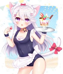 Rule 34 | 1girl, :o, animal ear fluff, animal ears, apron, beach, bell, black one-piece swimsuit, blue sky, blush, bow, breasts, cat ears, cat girl, cloud, collarbone, commentary request, food, frilled apron, frills, fruit, grey hair, hair between eyes, hair ornament, hairclip, highres, holding, holding food, holding tray, jingle bell, looking at viewer, one-piece swimsuit, open mouth, original, parfait, pennant, purple eyes, red bow, school swimsuit, shikito (yawa0w0), sky, small breasts, solo, star (symbol), strawberry, string of flags, swimsuit, tail, tail bell, tail bow, tail ornament, tray, waist apron, water, white apron, wrist cuffs