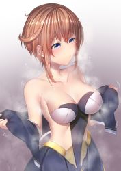 Rule 34 | 1girl, ahegao, alice gear aegis, blue eyes, blush, bra, breasts, cleavage, highres, jacket, kanagata sugumi, looking down, motion lines, orange hair, puckered lips, removing jacket, short hair, simple background, steam, steaming body, sweat, translation request, underwear, undressing, yui hiroshi