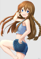 Rule 34 | 1girl, :d, artist name, ass, bare arms, barefoot, basa rutan, blue eyes, braid, breasts, brown hair, crop top, denim, denim shorts, feet out of frame, from side, grey background, highres, idolmaster, idolmaster million live!, kousaka umi, leg up, long hair, looking at viewer, looking to the side, medium breasts, midriff, open mouth, shirt, shorts, simple background, sleeveless, sleeveless shirt, smile, solo, standing, standing on one leg, twin braids, w