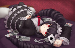 Rule 34 | 1girl, absurdres, ace (playing card), ace of clubs, ace of diamonds, ace of spades, black hair, black nails, black pantyhose, blush, bonnet, breasts, card, celestia ludenberg, claw ring, club (shape), commentary, commentary request, danganronpa: trigger happy havoc, danganronpa (series), diamond (shape), drill hair, four of diamonds, frills, gothic lolita, hairband, highres, holding, jack (playing card), jack of spades, jjilbabmaen, king (playing card), king of clubs, king of spades, large breasts, lolita fashion, long hair, long sleeves, looking at viewer, lying, nail polish, necktie, on bed, pantyhose, photoshop (medium), pillow, playing card, queen (playing card), queen of spades, red eyes, red necktie, six of hearts, smile, solo, spade (shape), ten of clubs, ten of spades, twin drills, twintails