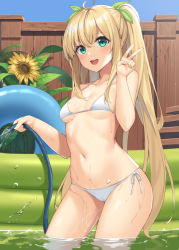 Rule 34 | 1girl, :d, ahoge, aqua eyes, bare arms, bare shoulders, bikini, blonde hair, breasts, collarbone, day, flower, hair ribbon, halterneck, hand up, holding, hose, innertube, long hair, looking at viewer, mahou shoujo kanae, navel, open mouth, outdoors, ribbon, sharon (mahou shoujo kanae), side-tie bikini bottom, skindentation, small breasts, smile, solo, standing, stomach, string bikini, sunflower, swim ring, swimsuit, thighs, twintails, v, very long hair, wading, wading pool, water, wet, white bikini, yumehiko