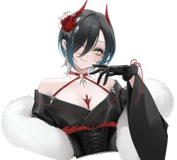 Rule 34 | 1girl, azur lane, black corset, black gloves, black hair, breasts, chest jewel, cleavage, collarbone, corset, cross, earrings, flower, frills, fur trim, gem, gloves, hair between eyes, hair ornament, happy new year, highres, horns, iron cross, japanese clothes, jewelry, kimono, looking at viewer, medium breasts, multicolored hair, new year, off shoulder, ohisashiburi, piercing, red flower, red rose, rose, short hair, smile, tassel, tassel earrings, two-tone hair, ulrich von hutten (azur lane), white background, yellow eyes