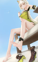 Rule 34 | 1girl, absurdres, animal ear fluff, animal ears, arknights, artist request, barefoot, boots, feet, foreshortening, green eyes, high heel boots, high heels, highres, kal&#039;tsit (arknights), looking at viewer, material growth, medium hair, oripathy lesion (arknights), panties, pantyshot, parted lips, see-through, shoes, silver hair, sitting, soles, solo, source request, steam, toes, underwear, unworn boots, unworn shoes