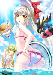 Rule 34 | 2girls, :d, ass, bikini, blue sky, bow, breasts, cameltoe, cleavage, cloud, collarbone, day, elsword, eve (elsword), facial mark, floating hair, from below, green eyes, green hair, hand in own hair, hat, hat bow, hat ribbon, highres, hyperhkl, indoors, innertube, long hair, looking at viewer, looking back, medium breasts, moby (elsword), multiple girls, open mouth, pointy ears, red bow, red ribbon, remy (elsword), rena erindel, ribbon, sideboob, silver hair, sky, small breasts, smile, standing, straw hat, sun hat, swim ring, swimsuit, very long hair, wading, water, white bikini, white hat, yellow eyes