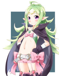 Rule 34 | 1girl, belt, blush, boots, bow, cape, child, fire emblem, fire emblem awakening, flat chest, garter straps, gloves, green hair, heart, highres, long hair, midriff, nintendo, noto (soranoto), nowi (fire emblem), pointy ears, purple eyes, ribbon, shorts, smile, solo, thigh boots, thighhighs