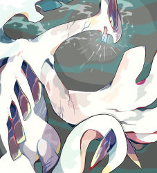 Rule 34 | akadako, animal focus, black eyes, colored sclera, crack, cracked skin, creatures (company), fangs, from behind, game freak, gen 2 pokemon, green sclera, hands up, legendary pokemon, looking at viewer, looking back, lugia, nintendo, no humans, one-hour drawing challenge, open mouth, pokemon, pokemon (creature), skin fangs, solo, sparkle