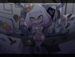 Rule 34 | + +, 1girl, alley, blurry, bob cut, commentary request, cowering, crown, dark, dress, grey footwear, highres, hood, hood down, inkling, inkling (language), letterboxed, long hoodie, looking at viewer, medium hair, mole, mole under mouth, multicolored clothes, multicolored dress, nintendo, open mouth, pearl (splatoon), pink dress, shadow, shinako, shoes, short dress, smile, sneakers, solo, splatoon (series), splatoon 2, splatoon 2: octo expansion, squid, standing, sticker, tearing up, tentacle hair, tilted headwear, yellow dress, yellow eyes, yellow headwear