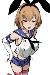 Rule 34 | 1girl, bare shoulders, black panties, blush, breasts, buttons, commentary request, cosplay, crop top, crossover, elbow gloves, gloves, grey eyes, hair between eyes, hairband, highleg, highleg panties, horosuke, kantai collection, large breasts, light brown hair, looking at viewer, microskirt, midriff, miyamori aoi, open mouth, panties, sailor collar, shimakaze (kancolle), shimakaze (kancolle) (cosplay), shirobako, short hair, simple background, skirt, solo, striped clothes, striped thighhighs, thighhighs, thighs, thong, underwear, white background, white gloves