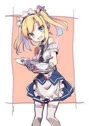Rule 34 | 1girl, :d, absurdres, amaryllis gumi, apron, bare shoulders, blonde hair, blue eyes, blue skirt, blush, cup, fang, hairband, head tilt, highres, holding, kotohara hinari, looking at viewer, maid apron, maid headdress, open mouth, pink background, skirt, smile, solo, standing, tama (tama-s), teacup, thighhighs, tray, twintails, virtual youtuber, white thighhighs