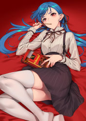 Rule 34 | 1girl, bed sheet, blue hair, blush, box, breasts, brown ribbon, brown skirt, commentary request, eyebrows hidden by hair, fingernails, food, food in mouth, full body, ghana (chocolate), grey shirt, grey skirt, hair ribbon, hand up, head tilt, high-waist skirt, highres, holding, holding box, legs together, long hair, long sleeves, looking at viewer, lying, nail polish, neck ribbon, no shoes, on back, on side, original, pinstripe pattern, pinstripe shirt, pinstripe skirt, pocky, red background, red eyes, red nails, ribbon, shirt, skirt, small breasts, solo, striped clothes, striped skirt, sugarbeat, suspenders, swept bangs, thighhighs, twintails, very long hair, white thighhighs, yukari (sugarbeat)