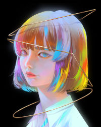 Rule 34 | 1girl, black background, blouse, blue eyes, bob cut, closed mouth, collared shirt, colorful, heterochromia, highres, lipstick, looking at viewer, makeup, medium hair, multicolored hair, multiple halos, necktie, original, pink eyes, portrait, red lips, school uniform, shirt, simple background, solo, striped necktie, wataboku, white shirt, wing collar