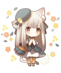 Rule 34 | 1girl, animal ear fluff, animal ears, black footwear, blush, brown eyes, brown hair, cat ears, cat girl, cat tail, chibi, closed mouth, commentary request, dress, ear down, full body, grey headwear, hands up, long hair, looking at viewer, orange pantyhose, original, own hands together, pantyhose, puffy short sleeves, puffy sleeves, shoes, short sleeves, simple background, solo, standing, tail, tilted headwear, very long hair, white background, white dress, yuzuyomogi