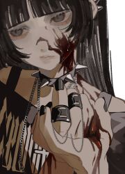 Rule 34 | 1girl, :/, band shirt, black eyes, black hair, black nails, black shirt, blood, blood on arm, blood on face, blood on hands, blunt bangs, chain necklace, closed mouth, collar, half-closed eyes, hands up, highres, jewelry, lips, long hair, looking to the side, merchandise, multicolored eyes, necklace, off-shoulder shirt, off shoulder, original, own hands together, red eyes, shirt, simple background, sirayukisiu, solo, spaghetti strap, spiked collar, spiked ear piercing, spikes, unamused, upper body, white background