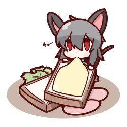 Rule 34 | 1girl, animal ears, bread, cheese, chibi, eating, food, grey hair, highres, mini person, minigirl, mouse ears, mouse tail, nazrin, nuu (nu-nyu), red eyes, short hair, tail, touhou, vegetable