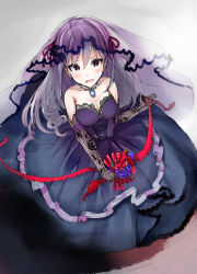 Rule 34 | 10s, 1girl, alternate hairstyle, bare shoulders, blush, bouquet, breasts, bridal veil, cleavage, dress, earrings, elbow gloves, flower, gloves, gradient background, highres, idolmaster, idolmaster cinderella girls, jewelry, kanzaki ranko, long hair, looking at viewer, medium breasts, natsuya (natuya777), necklace, open mouth, red eyes, silver hair, solo, veil, wavy mouth, wedding dress