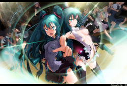 Rule 34 | 2girls, aqua eyes, aqua hair, armpits, bare shoulders, black thighhighs, breasts, cleavage, dual persona, glasses, hatsune miku, hatsune miku (append), letterboxed, long hair, looking at viewer, medium breasts, megaphone, megurine luka, multiple boys, multiple girls, navel, open mouth, pointing, running, shiika sadamasa, skirt, thighhighs, twintails, vocaloid, vocaloid append