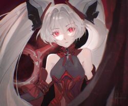 Rule 34 | 1girl, artist logo, bare shoulders, black bodysuit, black gloves, bodysuit, breasts, closed mouth, cross-shaped pupils, deltasonne, detached sleeves, elbow gloves, gloves, grey hair, hair between eyes, high collar, long hair, looking at viewer, luna: oblivion (punishing: gray raven), luna (punishing: gray raven), punishing: gray raven, red eyes, sidelocks, small breasts, solo, symbol-shaped pupils, twintails, very long hair