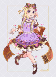 Rule 34 | 1girl, artist name, artist request, back bow, back ribbon, bare legs, blonde hair, blush, bow, braid, breasts, brown bow, brown eyes, brown footwear, brown ribbon, collarbone, crown braid, detached sleeves, dress, female focus, flower, flower print, frilled dress, frilled skirt, frills, full body, hair bow, hair flower, hair ornament, hair ribbon, hair rings, heart, heart necklace, heart print, high heels, highres, jewelry, looking at viewer, love live!, love live! school idol festival, love live! sunshine!!, necklace, ohara mari, parted lips, pearl necklace, purple dress, purple skirt, ribbon, ribbon-trimmed legwear, ribbon trim, short hair, skirt, small breasts, smallpanda, smile, solo, striped, striped bow, yellow eyes